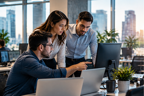 Business professionals working together with cloud-based technology