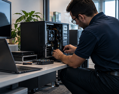 Computer Hardware Technical Support IT technician troubleshooting and maintaining business computer hardware