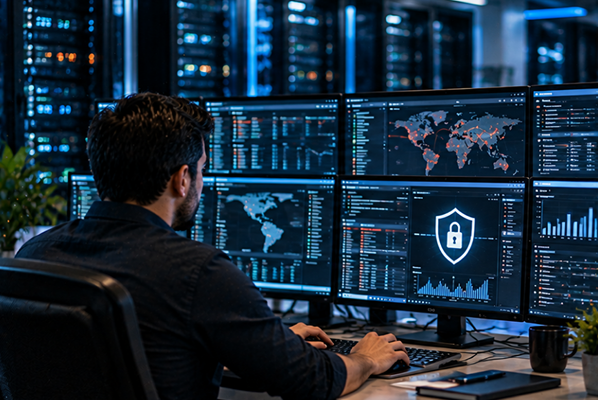 IT professional monitoring network security systems and cyber threats