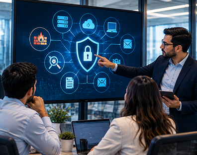Cybersecurity team reviewing network risks and security vulnerabilities