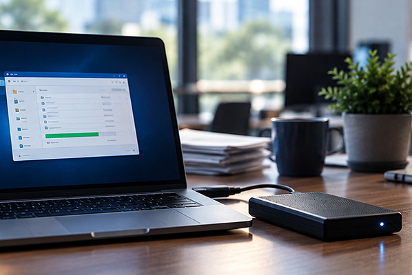 Laptop and external storage device used for business data backup