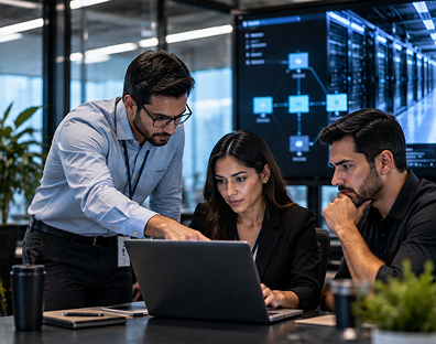 IT professionals reviewing cybersecurity solutions to protect business data