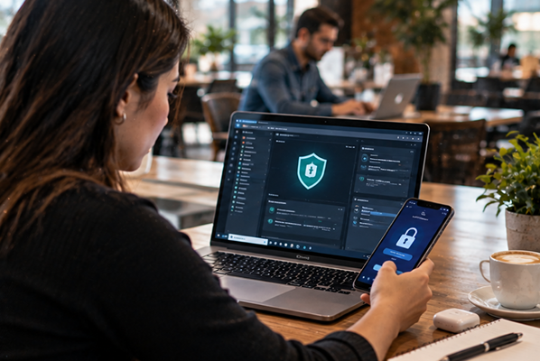 Endpoint Security and Device Protection Professional managing endpoint security on a laptop and mobile device