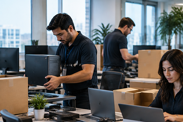 IT professionals preparing computers and equipment for a technology migration