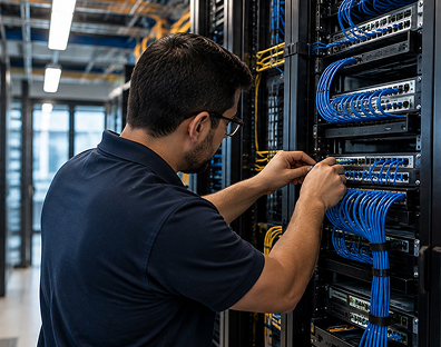 Network Cabling and Installation Services IT technician installing network cables in a server room