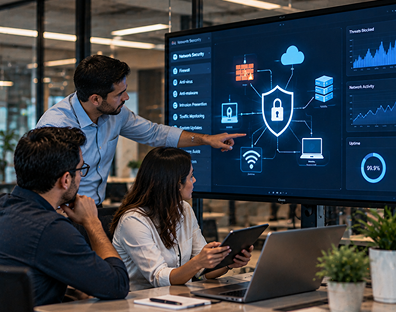IT security team reviewing network protection and cybersecurity systems