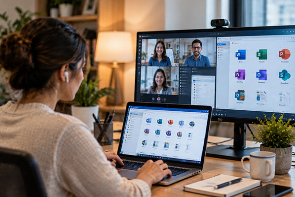 Professional using Office 365 applications for remote collaboration