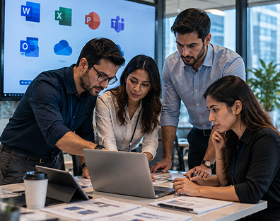Business team collaborating with Microsoft productivity applications