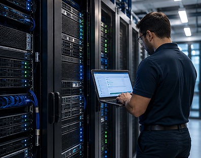 IT technician managing servers and monitoring network infrastructure