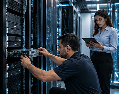 IT professionals managing server equipment during a system deployment