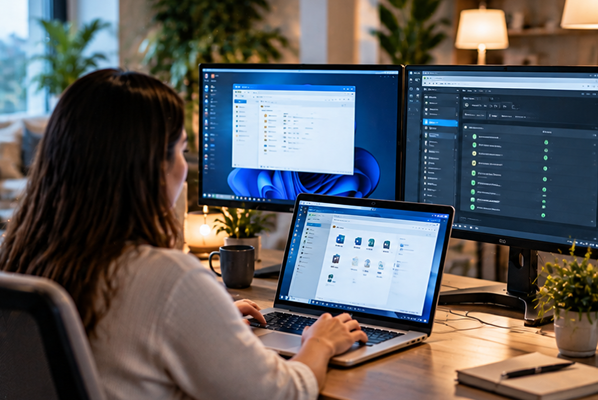 IT Virtualization Solutions Professional managing multiple virtual systems and applications on computer screens